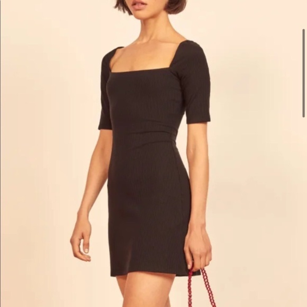 Reformation Sarita Black Ribbed Square Neck Mini Dress Size Small